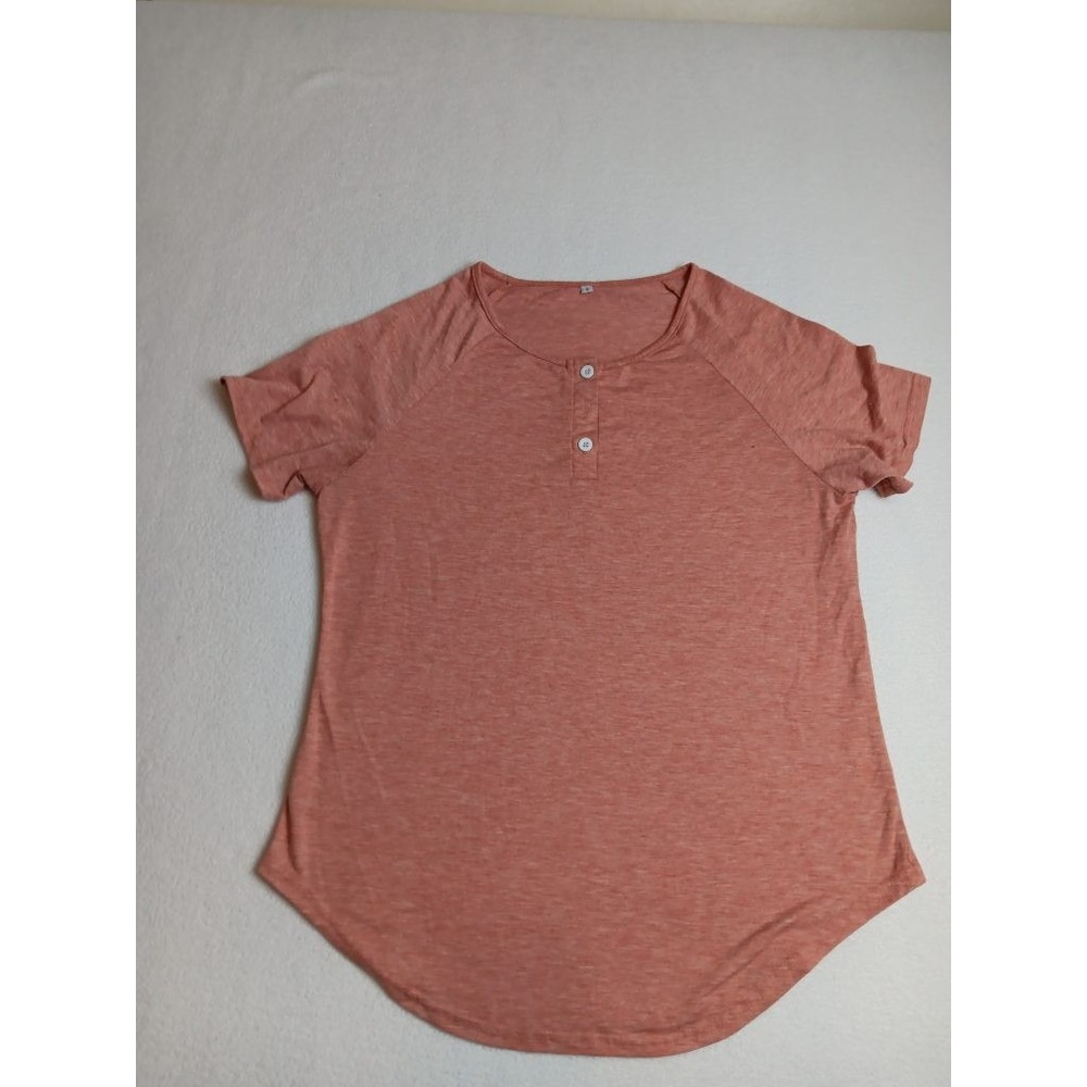 Womens Coral Heather Henley Tee Size S Short Sleeve Scoop Neck Soft Stretch Top